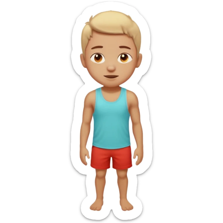 Emoji-style person standing in beach shorts, skin visibly sunburned and red on arms, legs, and face, but chest and shoulders clearly lighter with tank top tan lines. Expression shows mild pain or discomfort, cute rounded emoji design, soft 3D shading, vibrant colors sticker