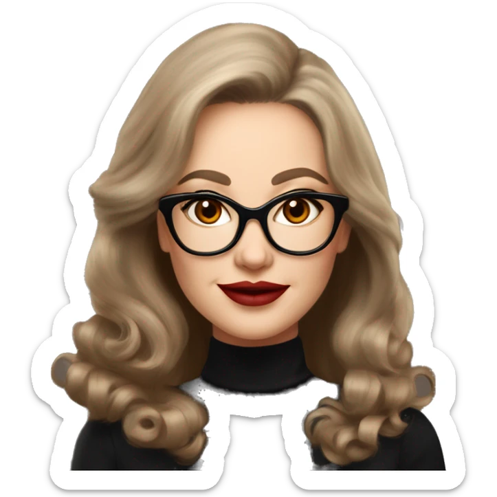 50 years old girl
long brown hair with volume styling
light skin
red lipstick
glasses with refined frame
Brown eyes with cat eye liner
black silk shirt with long sleeves sticker