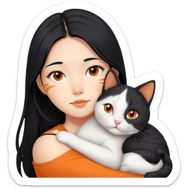 Asian girl with long black hair and the cat is lying on her shoulder, cat is mostly white with orange markings, tender moment sticker