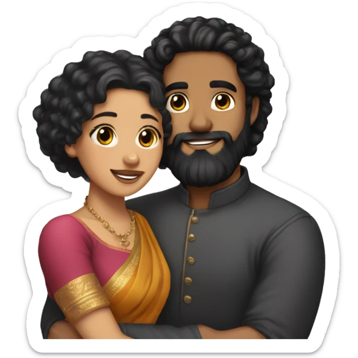 Light skin;Black long hair girl  in a saree hugging with a man with black beard and curly hair on top sticker