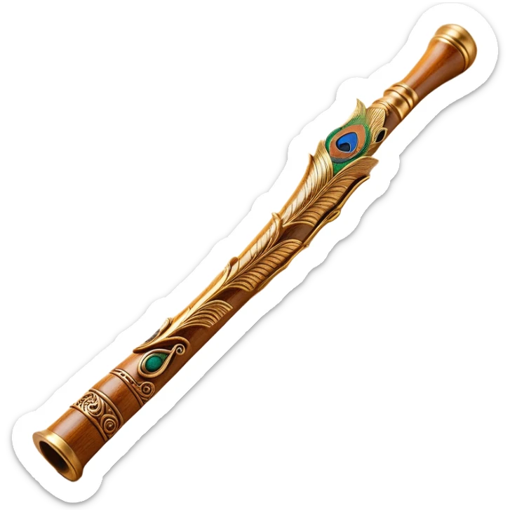 "A small, beautifully designed wooden flute with intricate golden carvings, inspired by Lord Krishna's divine flute. The flute has a gentle curve, a peacock feather elegantly placed near one end, and delicate floral engravings along its body. The design should be minimal yet artistic, suitable for an emoji, with a golden-brown wood texture and subtle shine. The background should be plain or softly glowing to highlight the flute's beauty." sticker