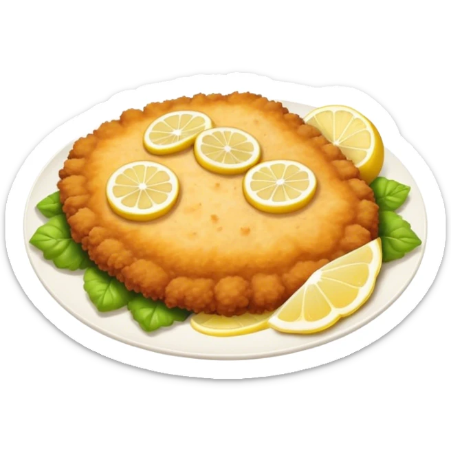 Cinematic Realistic Veal Schnitzel Dish Emoji, depicted as a golden, breaded veal cutlet served with lemon rendered with crisp textures and inviting, natural lighting. sticker