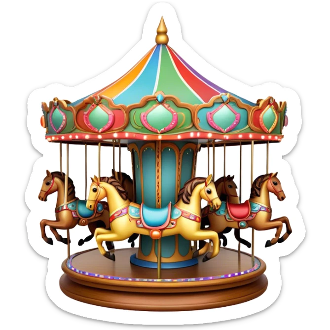 A colorful, whimsical carousel with ornate wooden horses, spinning gracefully under glowing lights. The horses are decorated with vibrant colors, and the surrounding area is filled with twinkling lights, creating a nostalgic and magical atmosphere sticker