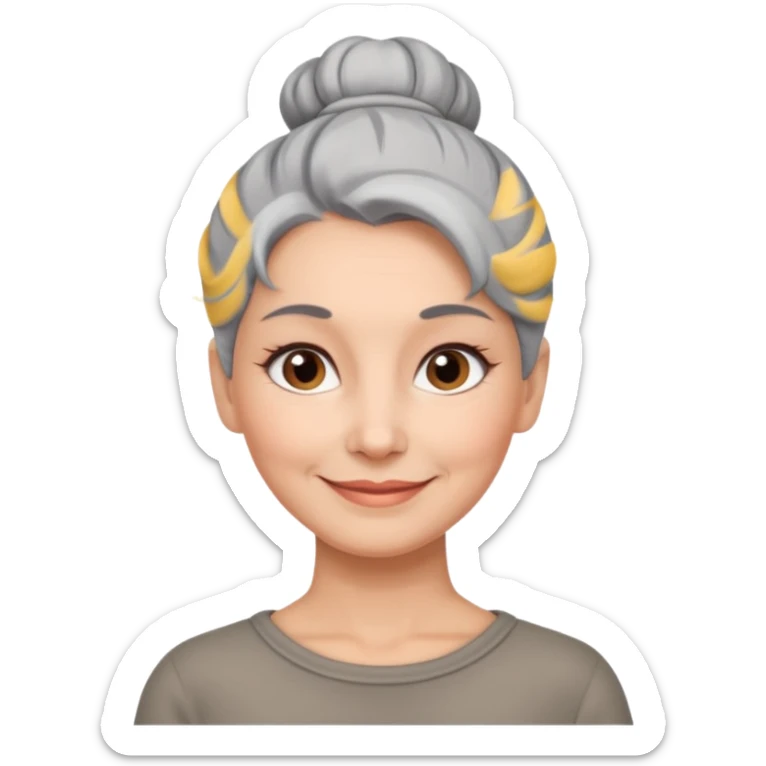 50 y.o. woman grey hair, subtle smile, hair in a bun  sticker
