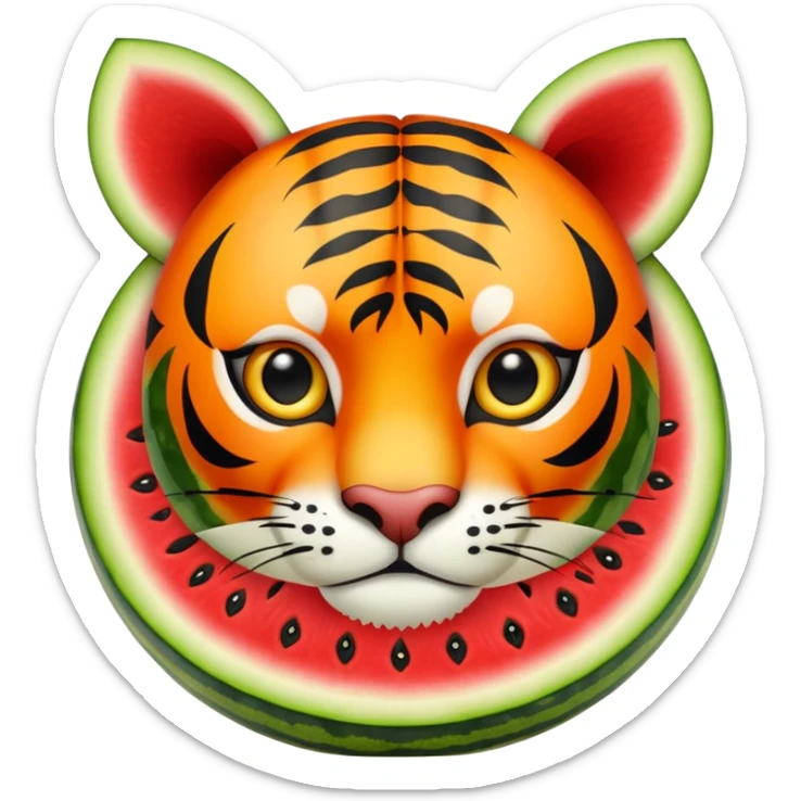 Cartoon watermelon with tiger face where the red flesh is visible, tiger stripes blending with watermelon pattern sticker