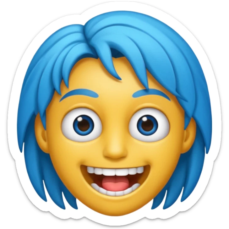 2D de gorillaz como emoji,cabelo azul bagunçado espetado ,olho totalmente branco e espaço grande entre os dentes ,com nariz e sobrancelha preta grossa sticker