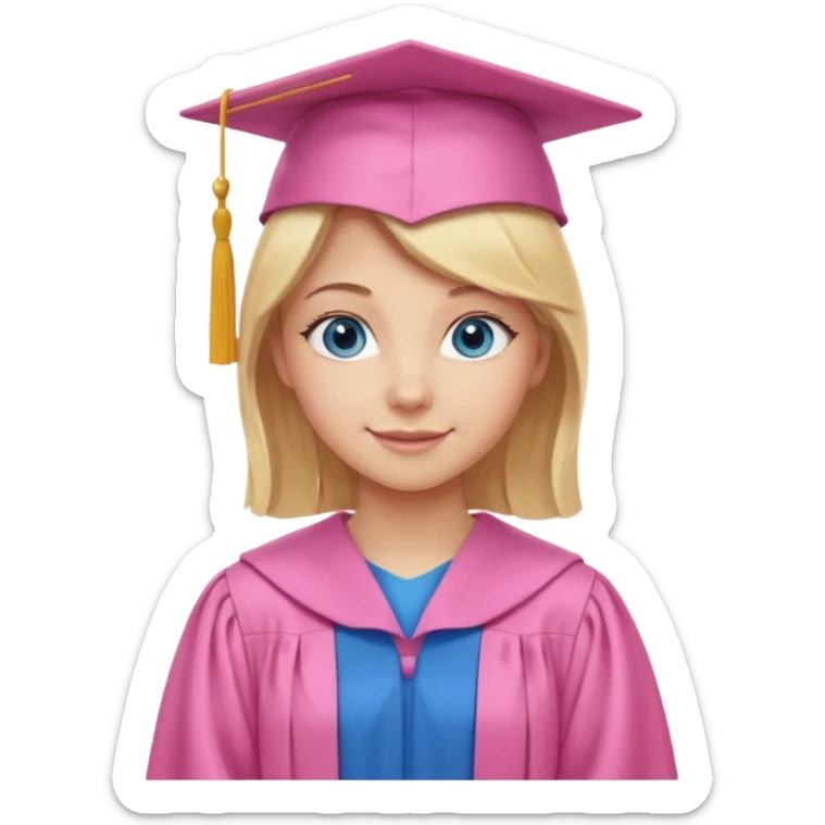 blonde hair, blue eyes, girl in pink grad cap and gown, standing, proud pose sticker