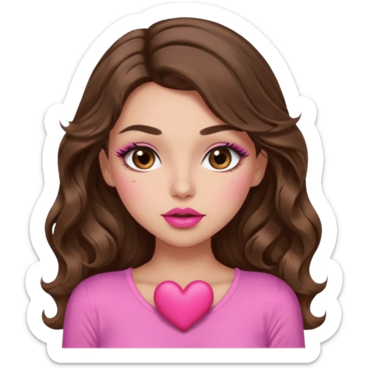 girl with long wavy brown hair, brown eyes, long lashes makeup, sexy pink lips, light to medium complexion, wearing a pink sexy top, sexy , puckering, blushing, kissing a heart sexy sticker
