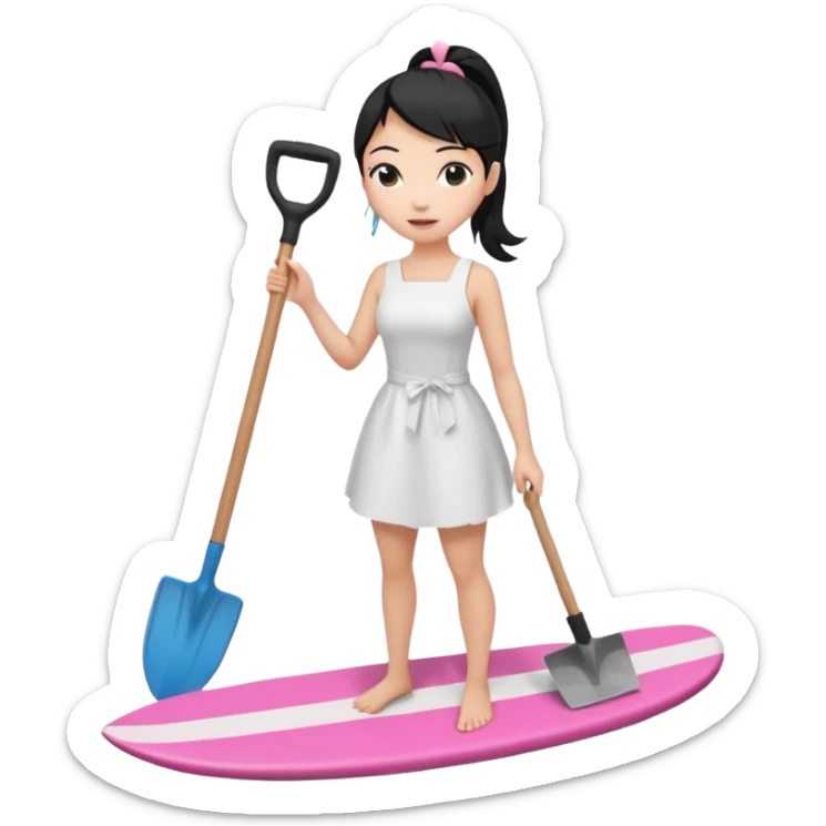 Princess who wearing white dress (woman) black ponytail hair holding her cellphone and  one garden shovel with another hand. She is standing on her feet, there is one pink surfing board. sticker