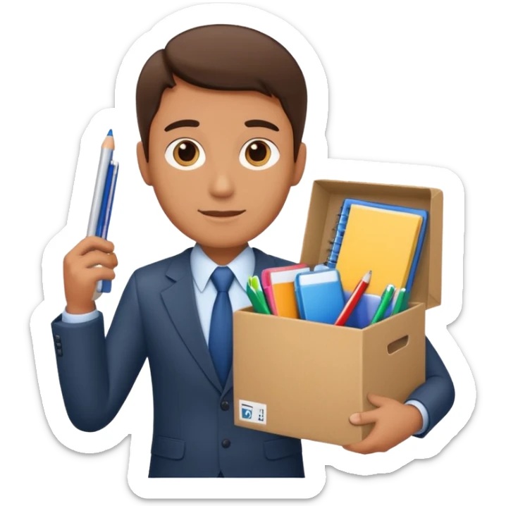 I want an emoji that represents moving out of the office. It's like a businessman with a cardboard box with box office utilities inside of the box. sticker