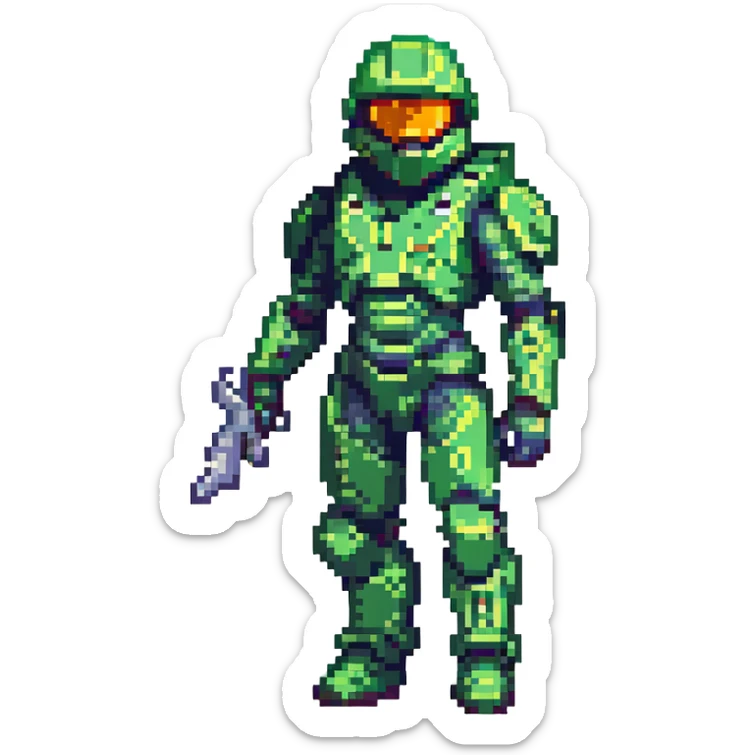 Master Chief from the Halo video games, full armor, helmet, iconic green color, sci-fi soldier, detailed, dynamic pose, pixel art style sticker