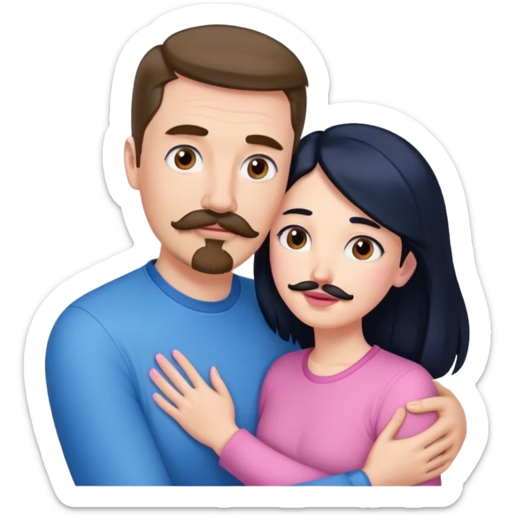 Tall white man with brown mustache goatee wearing blue hugged by a short pale woman with long black hair wearing pink sticker