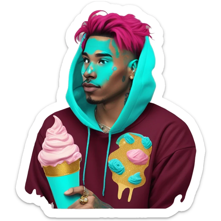 Vintage grunge patina intricate swirls golden sparkle Deep pink maroon burgundy cyan dark hoodie man dyed hair and gold piercings nose piercing ear piercings ice cream  sticker