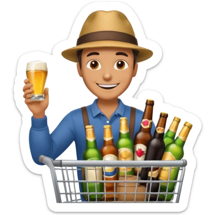 man with a shopping cart full of beers and wines sticker