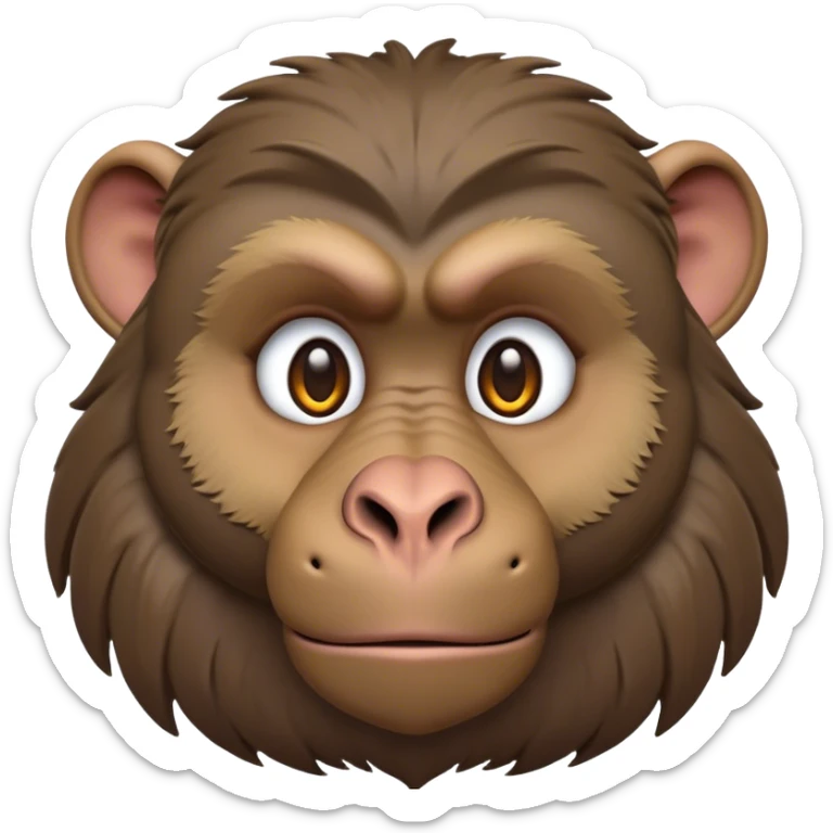 Cinematic Noble Baboon Portrait Emoji, Poised and regal, with a robust, muscular build and a richly textured Fur of earthy browns, deep-set soulful eyes with a mischievous glint, Simplified yet sharp and sophisticated features, highly detailed, glowing with a warm, dignified glow, high shine, intelligent and bold, stylized with an air of untamed urban majesty, focused and attentive, soft glowing outline, capturing the essence of a watchful and confident primate, so majestic it feels as though it could stride out of the screen with effortless authority! sticker