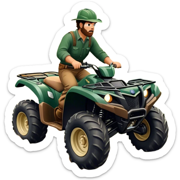 Yamaha Grizzly 700 (2019) – Cinematic-realistic Yamaha Grizzly 700 ATV, its dark green frame tearing through muddy trails. Thick off-road tires grip the rugged terrain as a farmer rides across the paddock, herding cattle with precision under a golden sunset. sticker