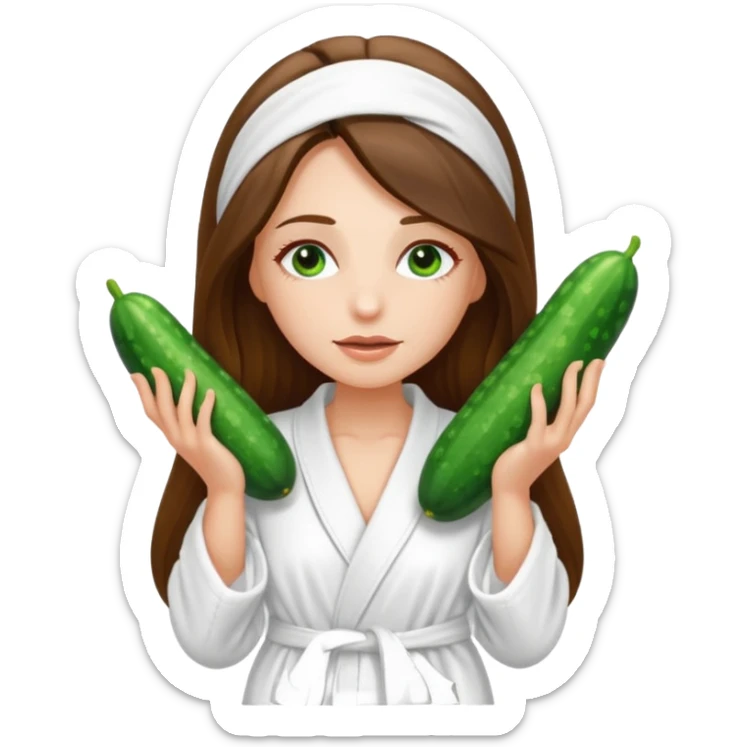 white long brunette hair girl with hazel eyes in a bathrobe with cucumbers covering her eyes sticker