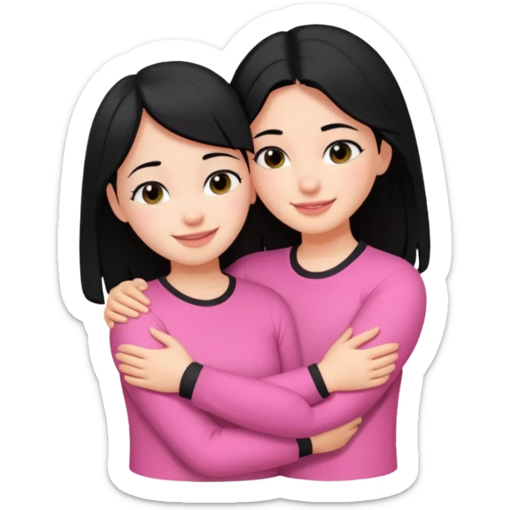 Two girls with black hair, one wearing white shirt and the other wears pink shirt, hugging each other romantically  sticker