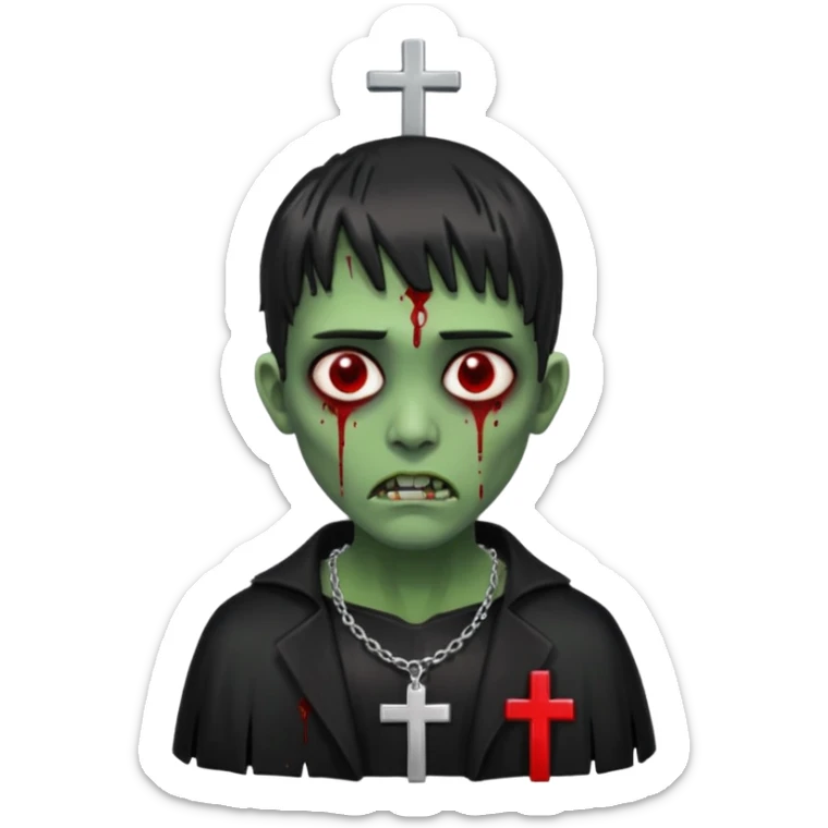 zumbi verde com olhos vermelhos sangrando e franja roupa preta e um crucifixo como colar sticker
