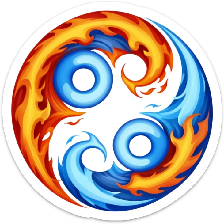 The fire and water emojis are in the form of the yin-yan symbol in front of a completely black background. sticker