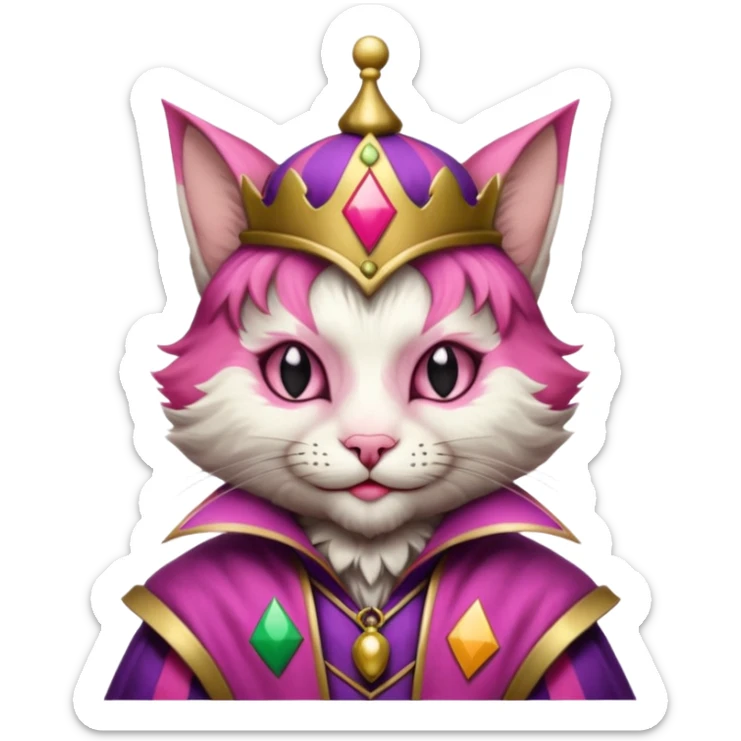 court jester cat medieval, single poker card joker clearly visible, pink, face only enclosed in a medieval badge  sticker