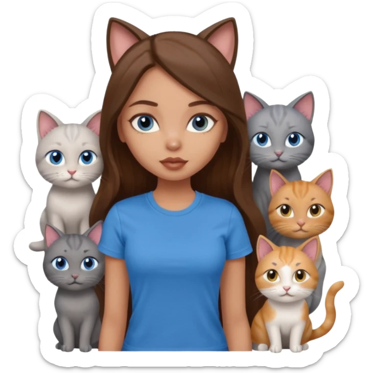 a pretty bratz dusky light skin girl with long brown hair, blue eyes with six cats nd wearing a grey tshirt sticker