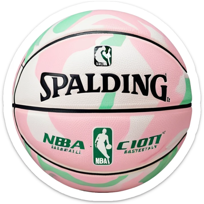 White Spalding basketball with NBA branding, predominantly white with light pastel pink and green marbling sticker