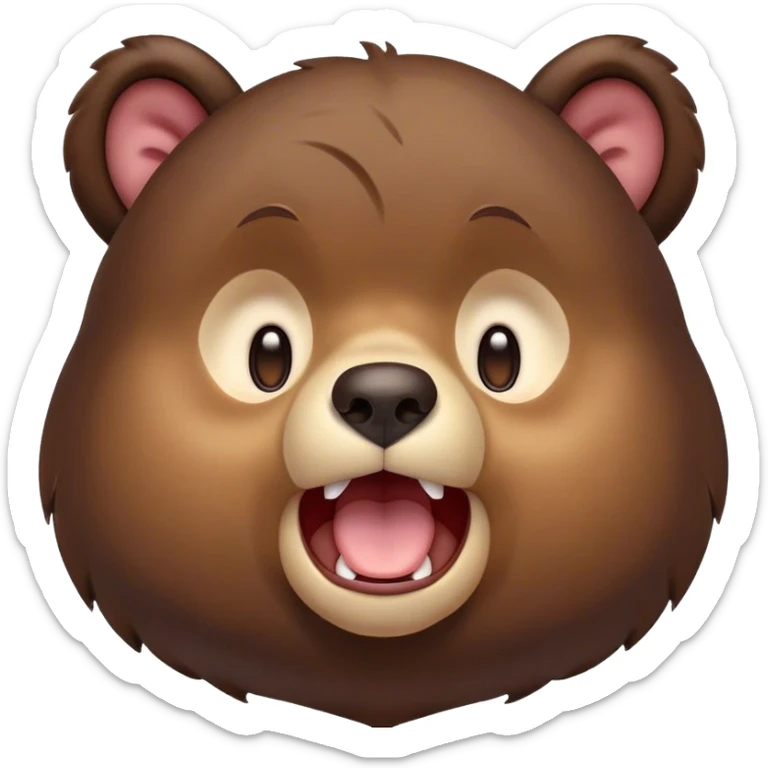 Cinematic Cute Yawning bear cub Portrait Emoji, Head tilted slightly with a dramatic, wide-open yawn, showcasing a soft, plush dark brown fur with drooping ears, round eyes barely open in drowsy contentment, Simplified yet irresistibly adorable features, highly detailed, glowing with a soft, cozy glow, high shine, relaxed yet expressive, stylized with a touch of woodland charm, bright and endearing, soft glowing outline, capturing the essence of a sleepy yet affectionate bear cub, so drowsy it feels like it could lumber out of the screen and curl up for a nap! sticker