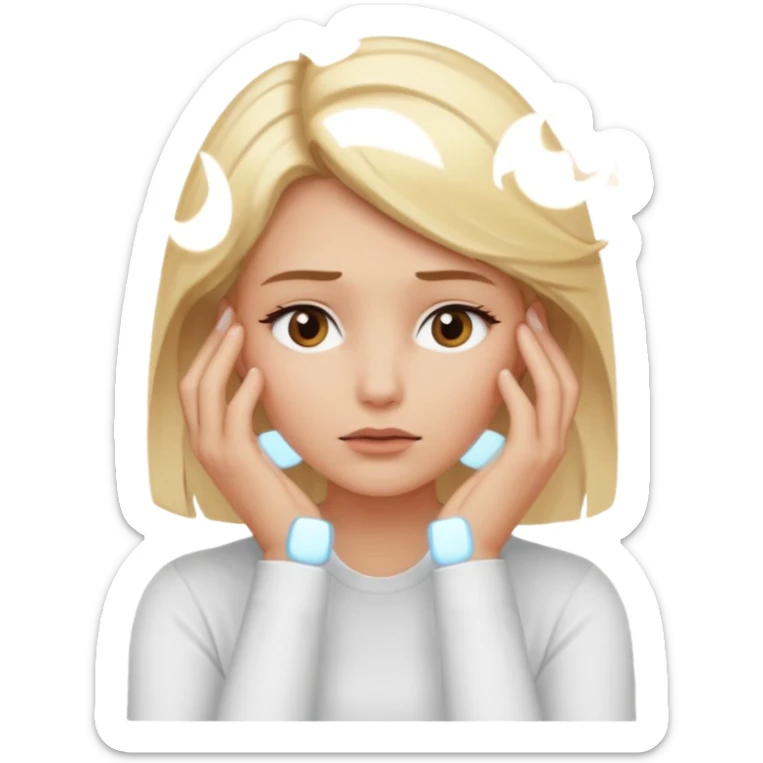 Cewe blonde yang lagi overthingkingkeliatan tangannya lagi mikir baju nya putih sticker