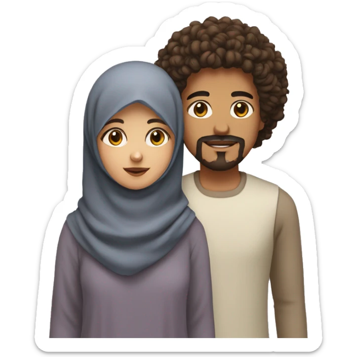 brown teen with curly hair and goatee and moustache standing and black eyes next to a girl wearing a hijab sticker