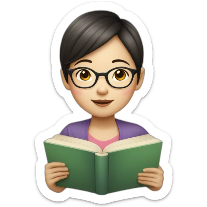 Little Chinese girl with short hair wearing glasses who likes to read books sticker