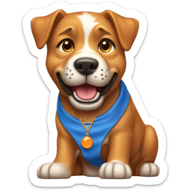 happy cute american stafford with simple blue collar with orange pendant from half side perspective with presents and gifts around him sticker