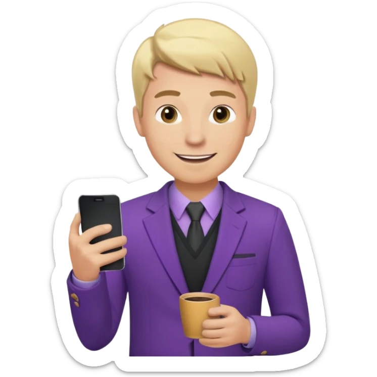 Confident and outgoing male entrepreneur, Caucasian features, blonde hair, big friendly smile, expressive eyes, defined eyebrows, wearing a purple blazer over a black shirt, holding a smartphone in one hand and a coffee cup in the other, waist-up, front-facing sticker