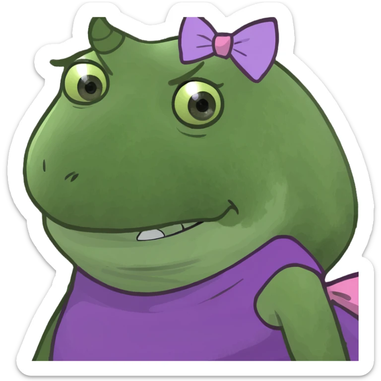 A creepy, ugly monster in a purple dress with a purple bow￼ sticker
