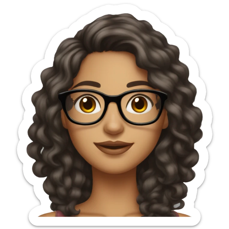 girl, big nose, long curly black hair, earrings, dark brown eyes, tan skin, freckles, glasses, glamour sticker