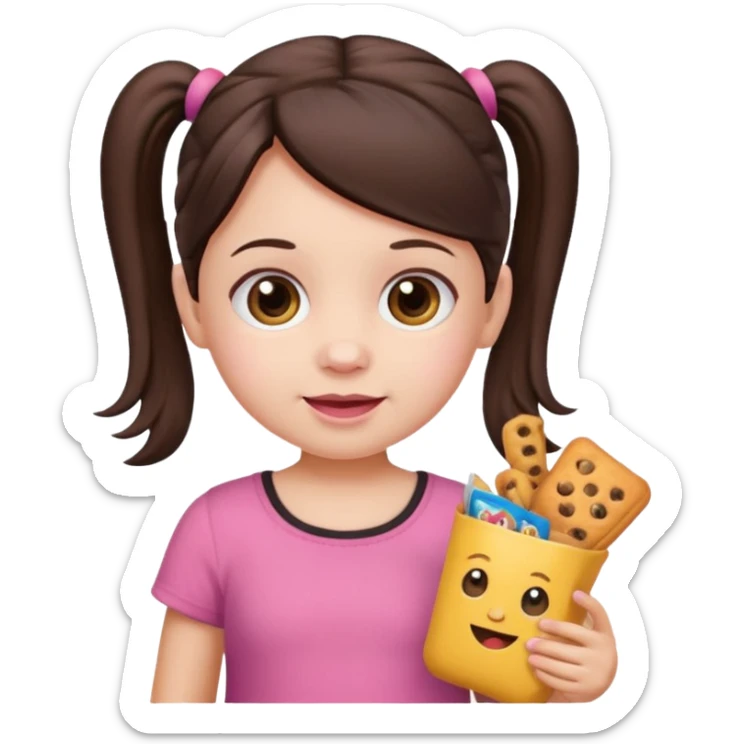 Toddler emoji with two pigtails dark brown hair, fair skin, in pink top, holding toddler snacks sticker