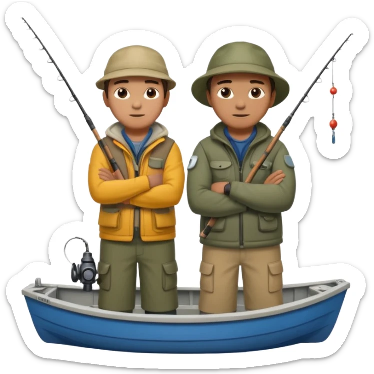 Father and son in fishing gear, arms crossed because they are cold full body sticker