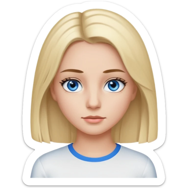 ragazza con capelli piastrati truccata con mascara, occhi azzurri e maglietta attillata bianca a maniche lunghe sticker