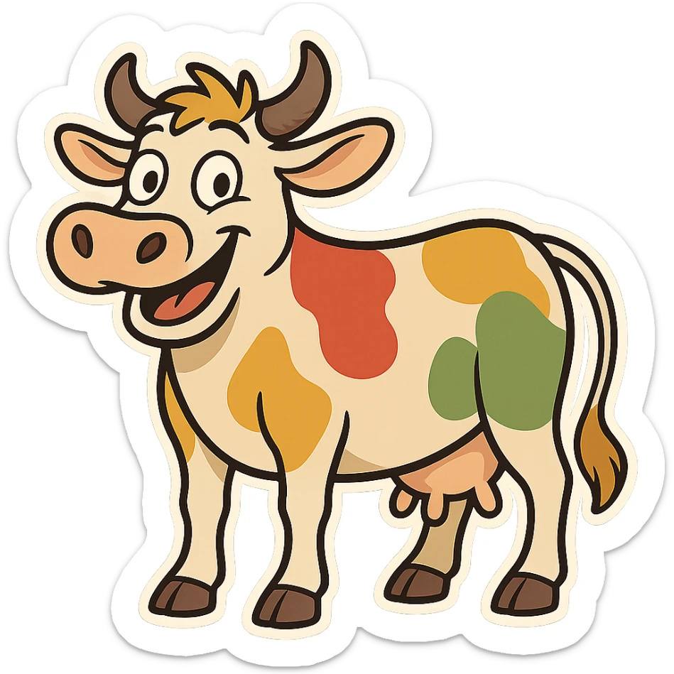 cartoon sticker of a happy colorful Kurdish cow, no flag, no text, suitable for WhatsApp and Instagram, transparent background sticker
