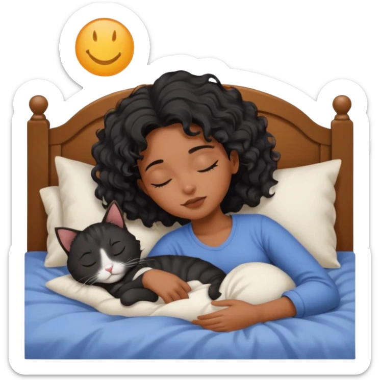 sleeping pretty black wavey hair girl in the bed, her cat is working instead of her sticker