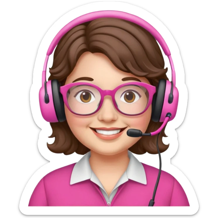 chubby English teacher face, wavy brown hair, pink glasses, smiling, gamer sticker