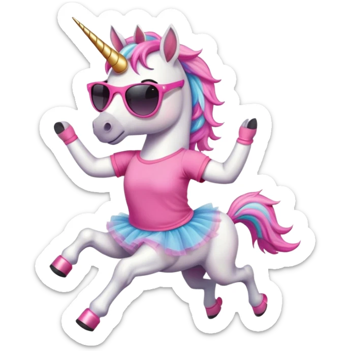 friendly anthropomorphised female unicorn with horse-like face, in tutu and pink t-shirt, wearing dark sunglasses, jogging upright in relaxed pose sticker