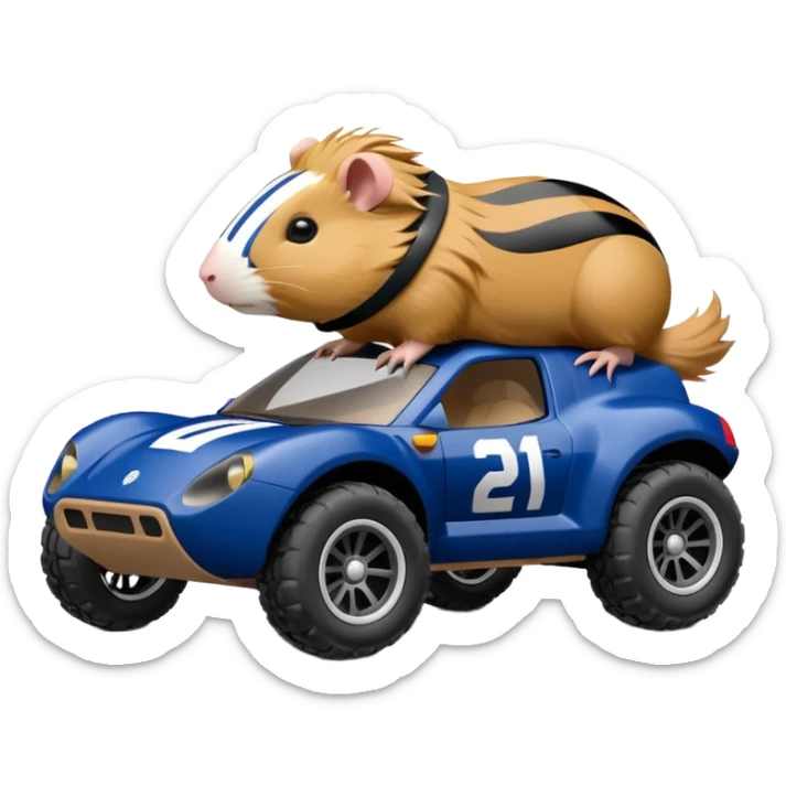 Side view of Midnight blue Local Motors Rally Fighter off road rc car driven by a Guinea pig  sticker