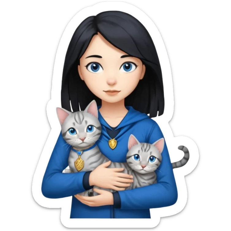 Girl with light skin, blue eyes, shoulder length straight black hair, wears a ravenclaw outfit, with a silver bengal cat holding in her arms sticker