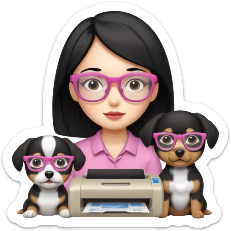 Una chica con pelo negro y lentes rosados con una impresora y dos perras una cajeta y la otra negra sticker
