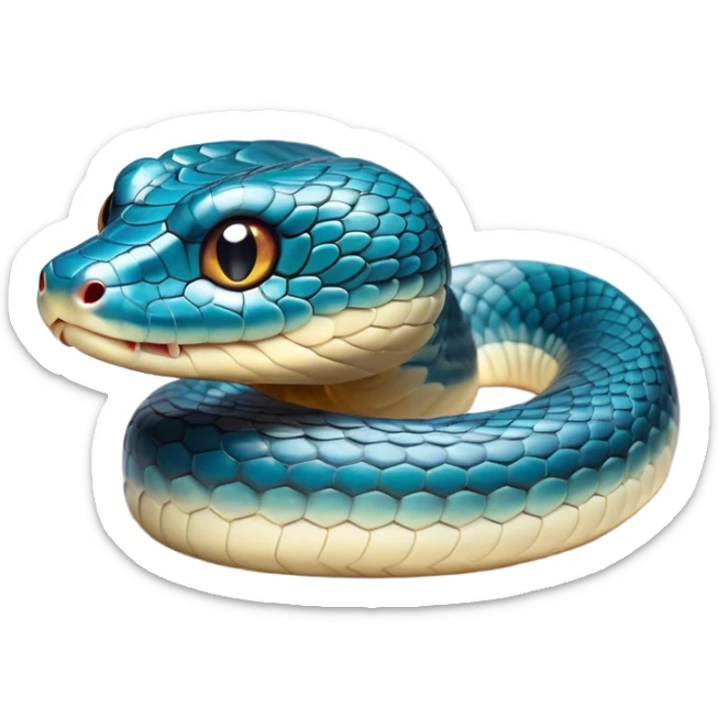 Cinematic Cute Chinese Water Snake Portrait Emoji, Head tilted playfully and inquisitively, with a compact, lithe form and a smooth, shimmering coat in subtle aquatic hues, round, sparkling eyes filled with curious fluidity, Simplified yet irresistibly adorable features, highly detailed, glowing with a warm, friendly glow, high shine, affectionate and agile, stylized with a touch of aquatic whimsy, soft glowing outline, capturing the essence of a mischievous yet loving water snake that feels like it could slither out of the screen into your arms! sticker