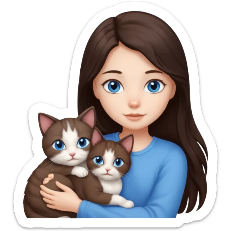 a pretty girl with long dark 
brown hair, with blue eyes, hugs 3 different natural coloured small cats sticker