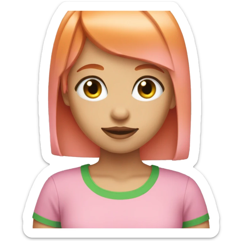 girl with orange straight hair and bangs and green eyes with a pink shirt sticker