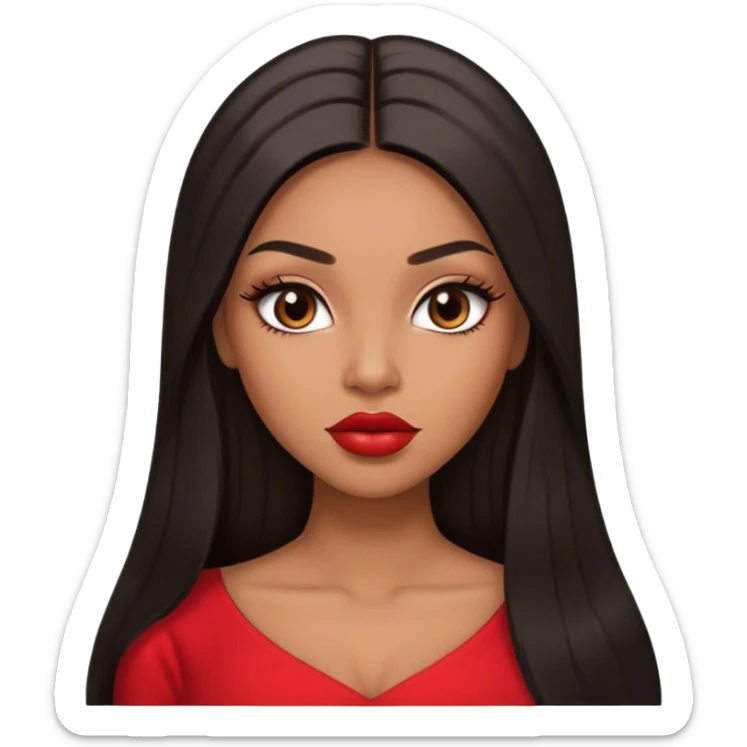 light brown skin tone, very beautiful woman, with big plump lips, long long lashes, black long straight hair, middle hair parting, brown eyes, red dress sticker