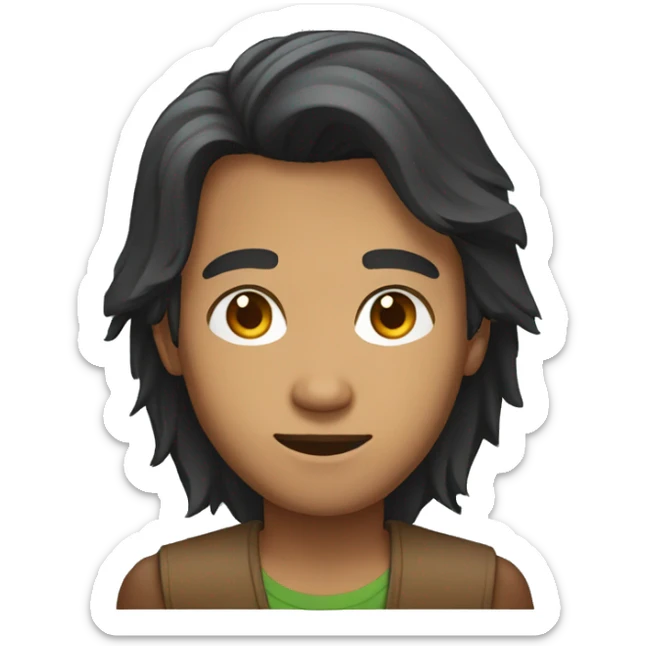 indonesian tech guy with half long hair, brown skin and brown eyes in a laptop sticker